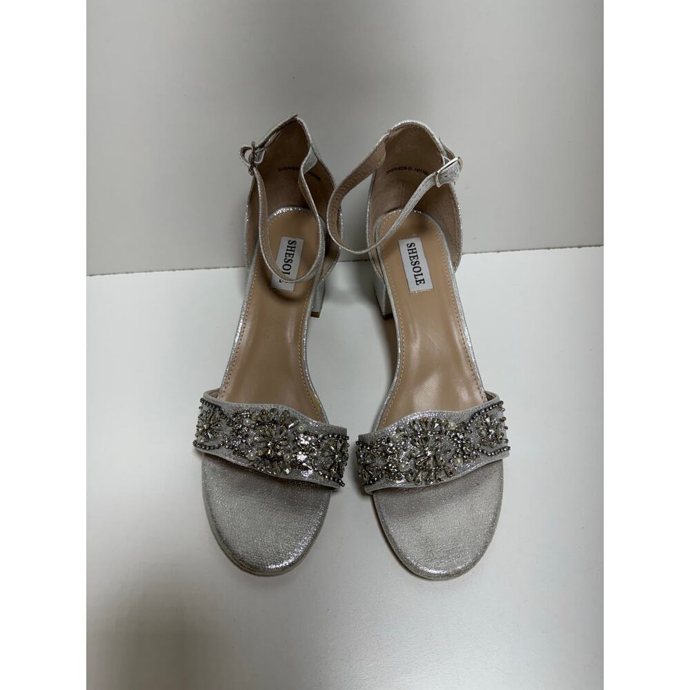 SheSole Women’s Open Toe Chunky Low Heels Silver Sequin Sz 41 US 10 Party